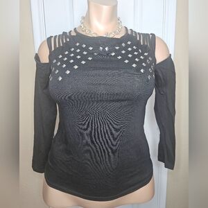 Women's Cold Shoulder Studded Longsleeve Tee, Size L